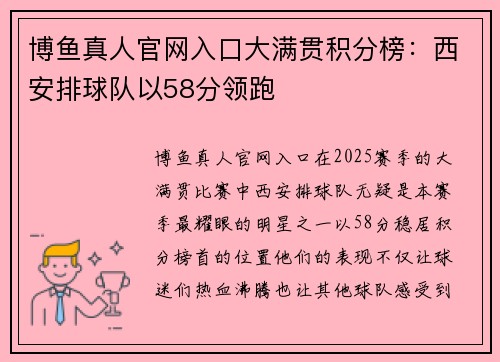 博鱼真人官网入口大满贯积分榜：西安排球队以58分领跑